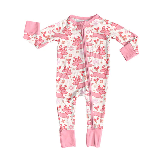 Preorder(moq 5)Baby Girls Pink Deer Snowflakes Zipper Pant Rompers 7.26