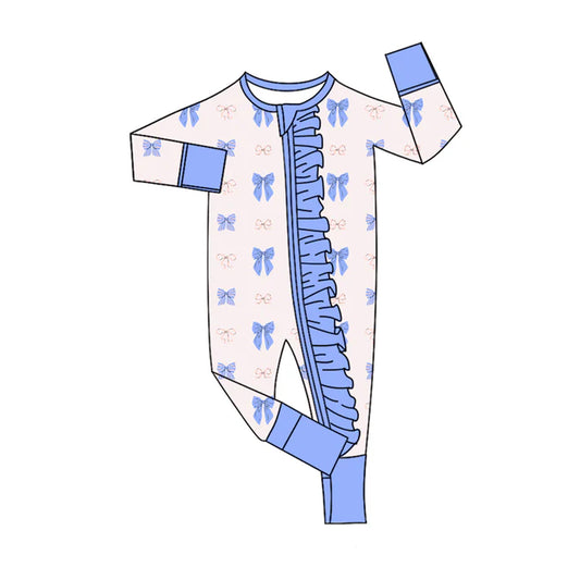 Preorder(moq 5)Baby Infant Girls Pink Blue Bows Plaid Ruffle Zipper Rompers 8.4