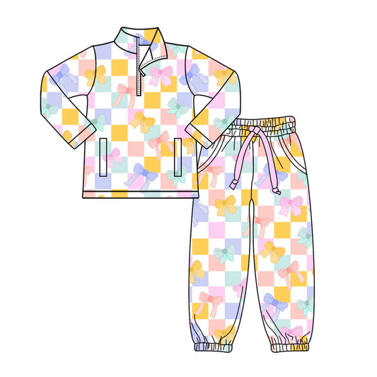 Preorder(moq 8)Baby Girls Colorful Bows Checked Zipper Pockets Pullovers Jogger Pants Clothes Set 9.29