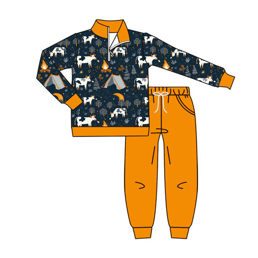 Preorder (moq 5)Baby Boys Cows Fire Adventure Zipper Pullover Pockets Jogger Clothes Sets 9.3