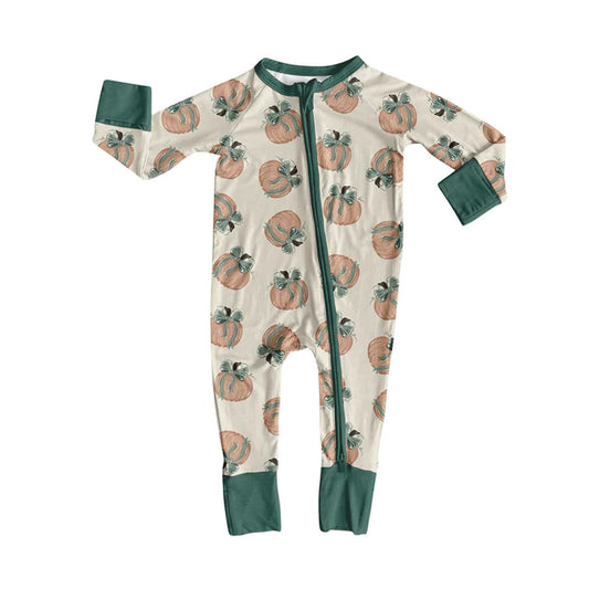 Preorder moq 5 Baby Infant Boys Long Sleeves Green Bows Pumpkins Plaid Zipper Romper 7.15