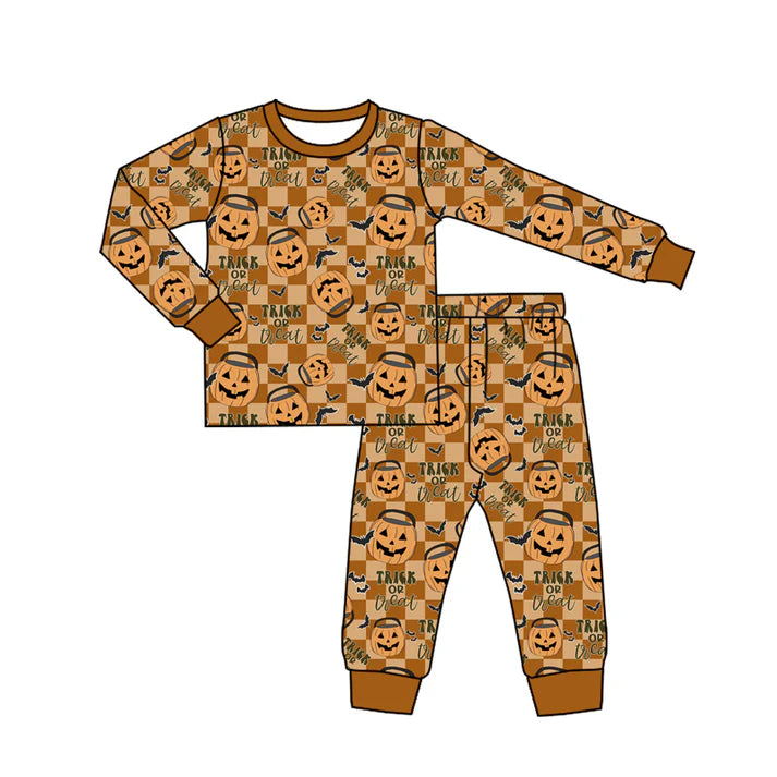 Preorder (moq 5)Baby Boys Khaki Plaid Long Sleeves Ghosts Pumpkins Top Pant Pajamas Set 5.27
