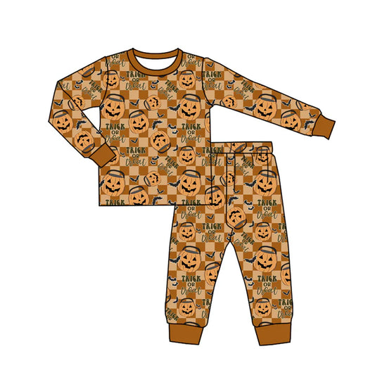 Preorder (moq 5)Baby Boys Khaki Plaid Long Sleeves Ghosts Pumpkins Top Pant Pajamas Set 5.27