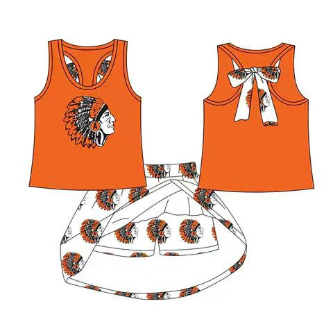 Preorder (moq 5)Baby Girls Orange India bow vest team Top Skirt Skort Sets 8.13