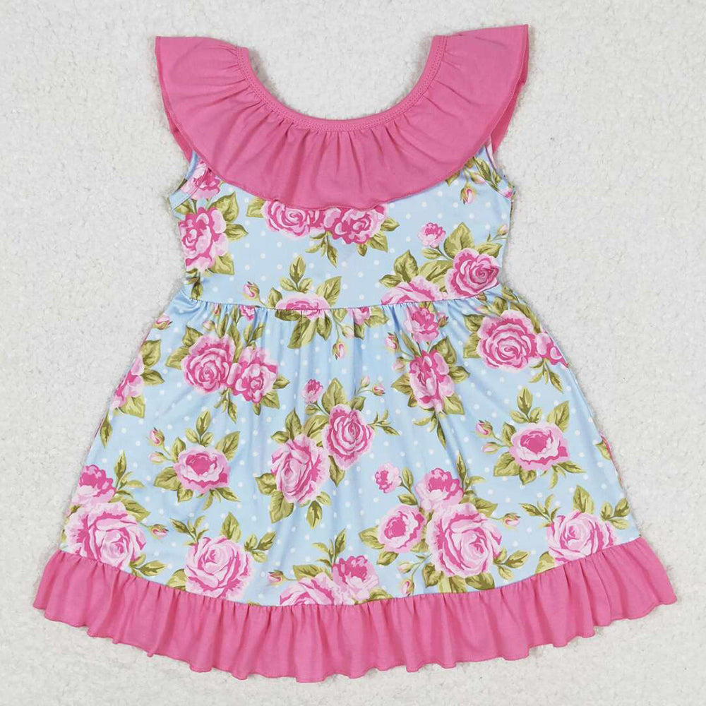 Baby Girls Dress Blue Dots Pink Flowers Bow Knee Length Dresses GSD0738