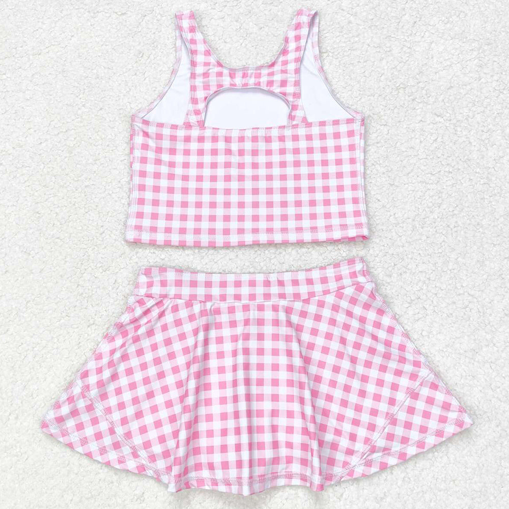 Baby Girls Swimsuits Summer Pink Checkered Top Skirts Clothes Sets GSD0992