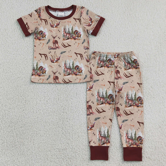 Baby Boys Clothes Short Sleeve Deer Turkey Top Pants Hunting Pajamas Sets BSPO0494