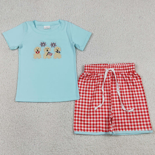 Baby Boys Clothes Embroidery Flag Dogs Tops Checked Shorts 4th of July Clothes Sets BSSO1934