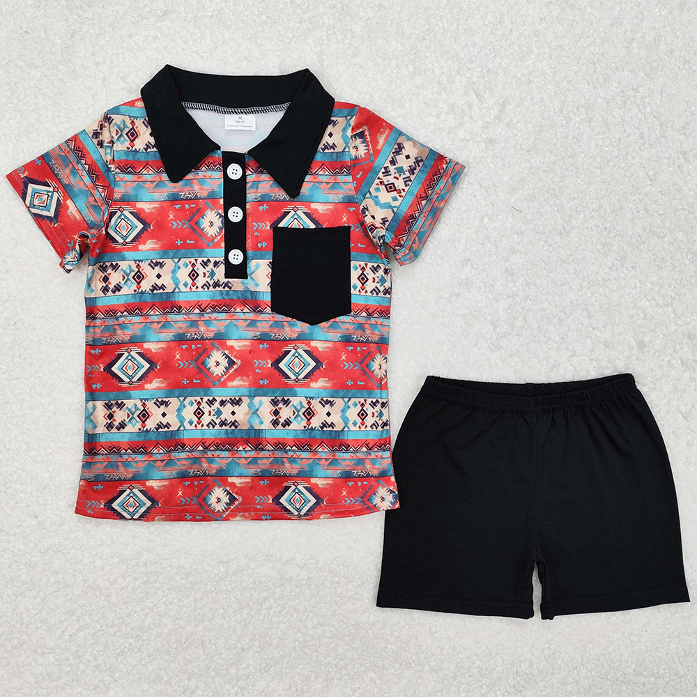 Baby Boys Clothes Western Aztec Black Pocket Shirt Shorts Clothes Sets BSSO1140