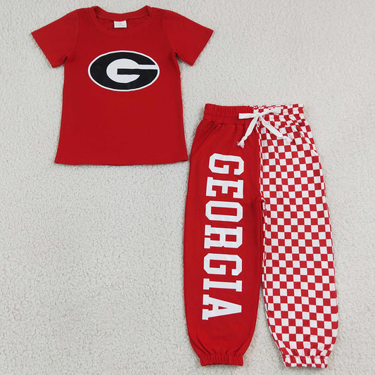 Baby Boys Clothes Red Vinyl Georgia Shirt Top Pockets Joggers Team Clothes Sets BSPO0700