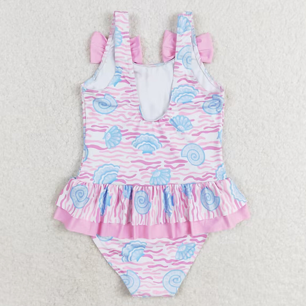 Baby Girls Swimsuits Pink Sea Shell Ruffle One Piece Bows Swimsuits S0274