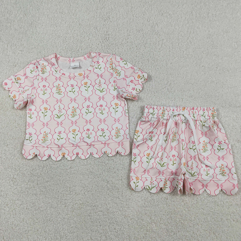 Baby Girls Clothes Colorful Flowers Checked Top Shorts Scallop Clothes Sets GSSO3271