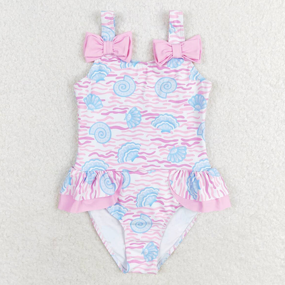 Baby Girls Swimsuits Pink Sea Shell Ruffle One Piece Bows Swimsuits S0274