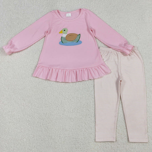 Baby Girls Clothes Embroidery Ducks Pink Tunic Stripe Leggings Pant Clothes Set GLP2698 10.4