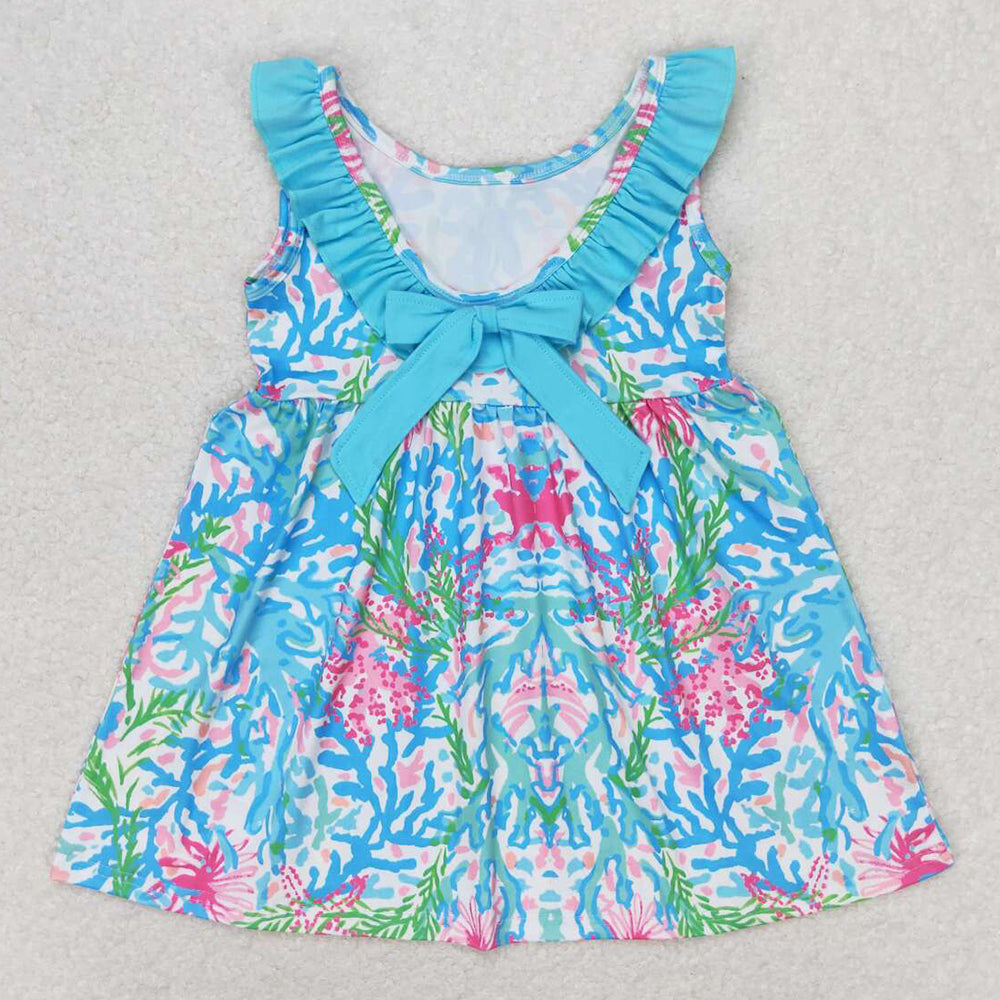 Baby Girls Dress Blue Flowers Ruffle Knee Length Dresses GSD1138