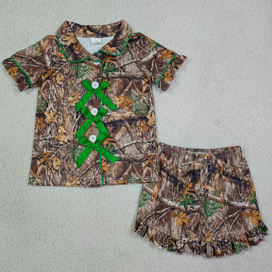 Baby Girls Pajamas Southern Leaves Camo Button Top Ruffle Shorts Hunting Pajamas Sets GSSO3365