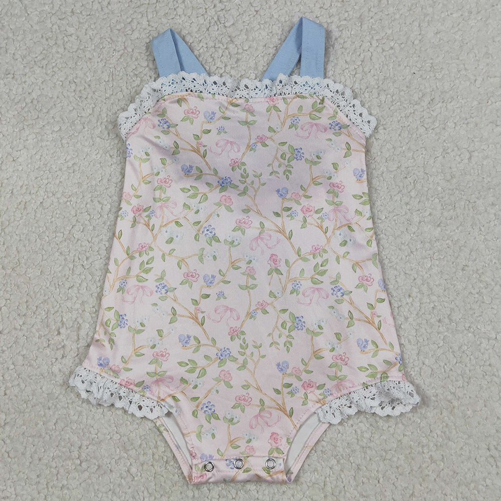 Baby Girls Rompers Strap Flowers Plaid Back Bows Ruffle Rompers SR3461