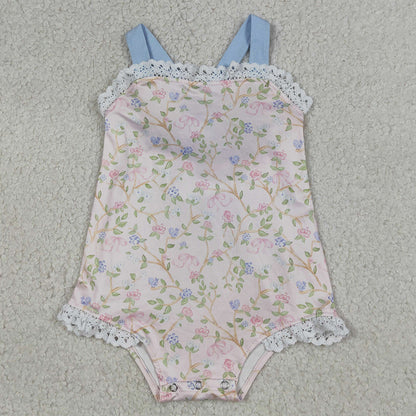 Baby Girls Rompers Strap Flowers Plaid Back Bows Ruffle Rompers SR3461