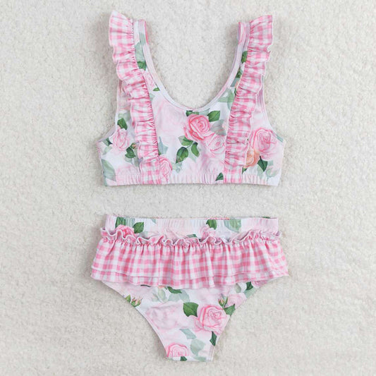 Baby Girls Swimsuits Summer Pink Flowers Top Ruffle Bottom Swimsuits S0318