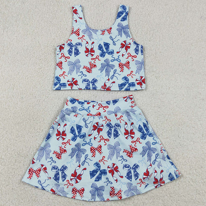 Baby Girls Clothes Red Blue Bows Vest Skirts Shorts Yoga Active 4th of July Clothes Sets GSD3874