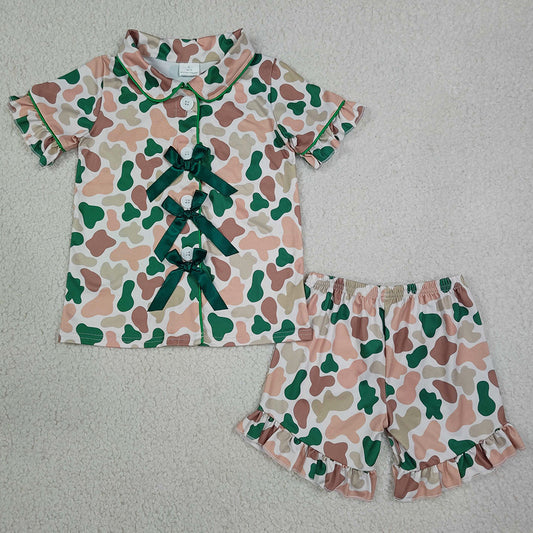 Baby Girls Pajamas Khaki Green Camo Bows Button Top Ruffle Shorts Pajamas Sets GSSO3367