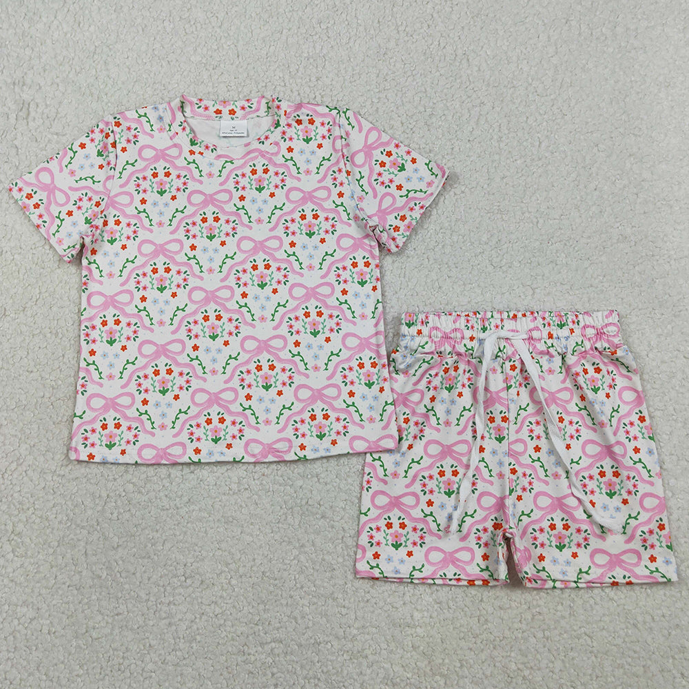 Baby Girls Clothes Short Sleeve Bows Flowers Checked Top Shorts Slouchy Set GSSO3379
