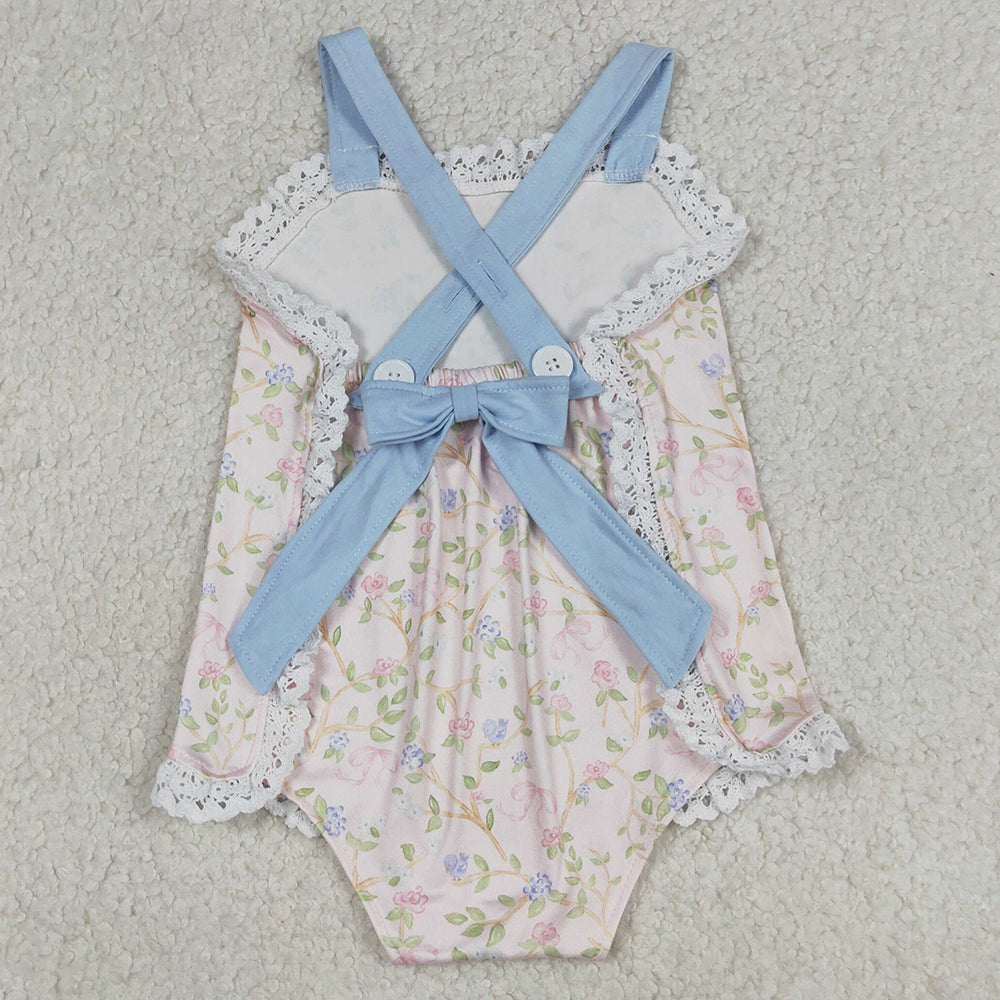 Baby Girls Rompers Strap Flowers Plaid Back Bows Ruffle Rompers SR3461