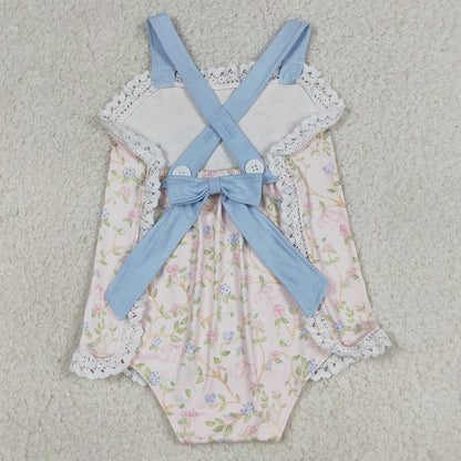 Baby Girls Rompers Strap Flowers Plaid Back Bows Ruffle Rompers SR3461