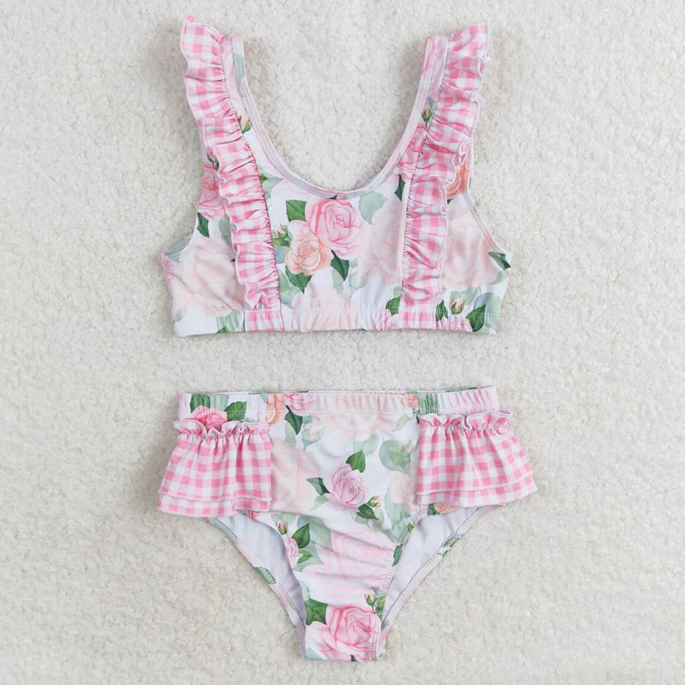 Baby Girls Swimsuits Summer Pink Flowers Top Ruffle Bottom Swimsuits S0318