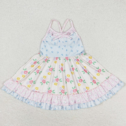 Baby Girls Dress Straps Blue Small Flowers Ruffle Knee Length Dresses GSD0882