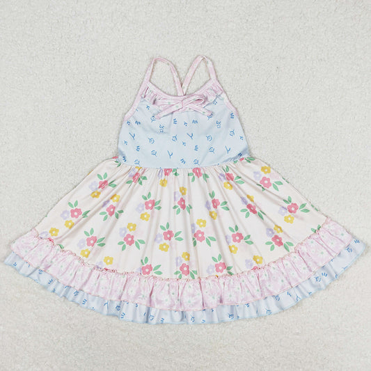 Baby Girls Dress Straps Blue Small Flowers Ruffle Knee Length Dresses GSD0882