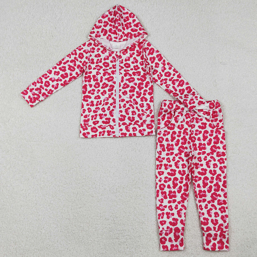 Baby Girls Clothes Pink Leopard Zipper Pockets Hoodies Top Joggers Clothes Sets GLP2790 10.20