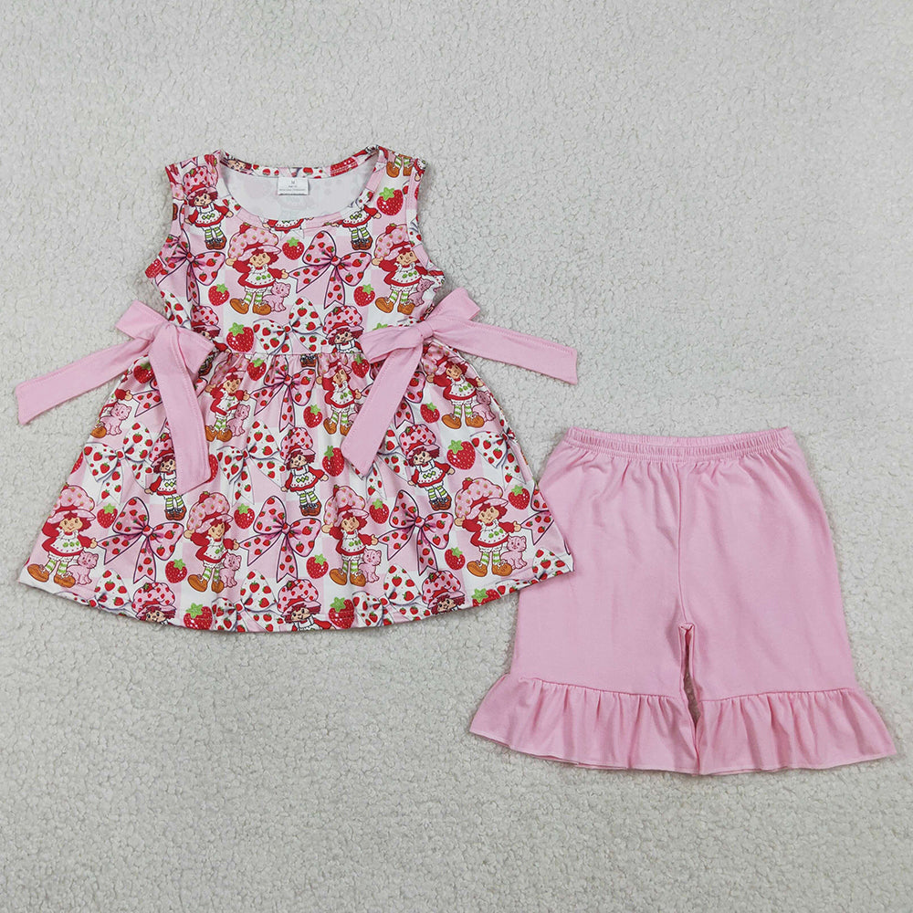 Baby Girls Clothes Sleeveless Pink Checked Strawberry Tunic Ruffle Shorts Clothes Sets GSSO3104