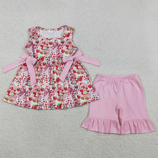 Baby Girls Clothes Sleeveless Pink Checked Strawberry Tunic Ruffle Shorts Clothes Sets GSSO3104