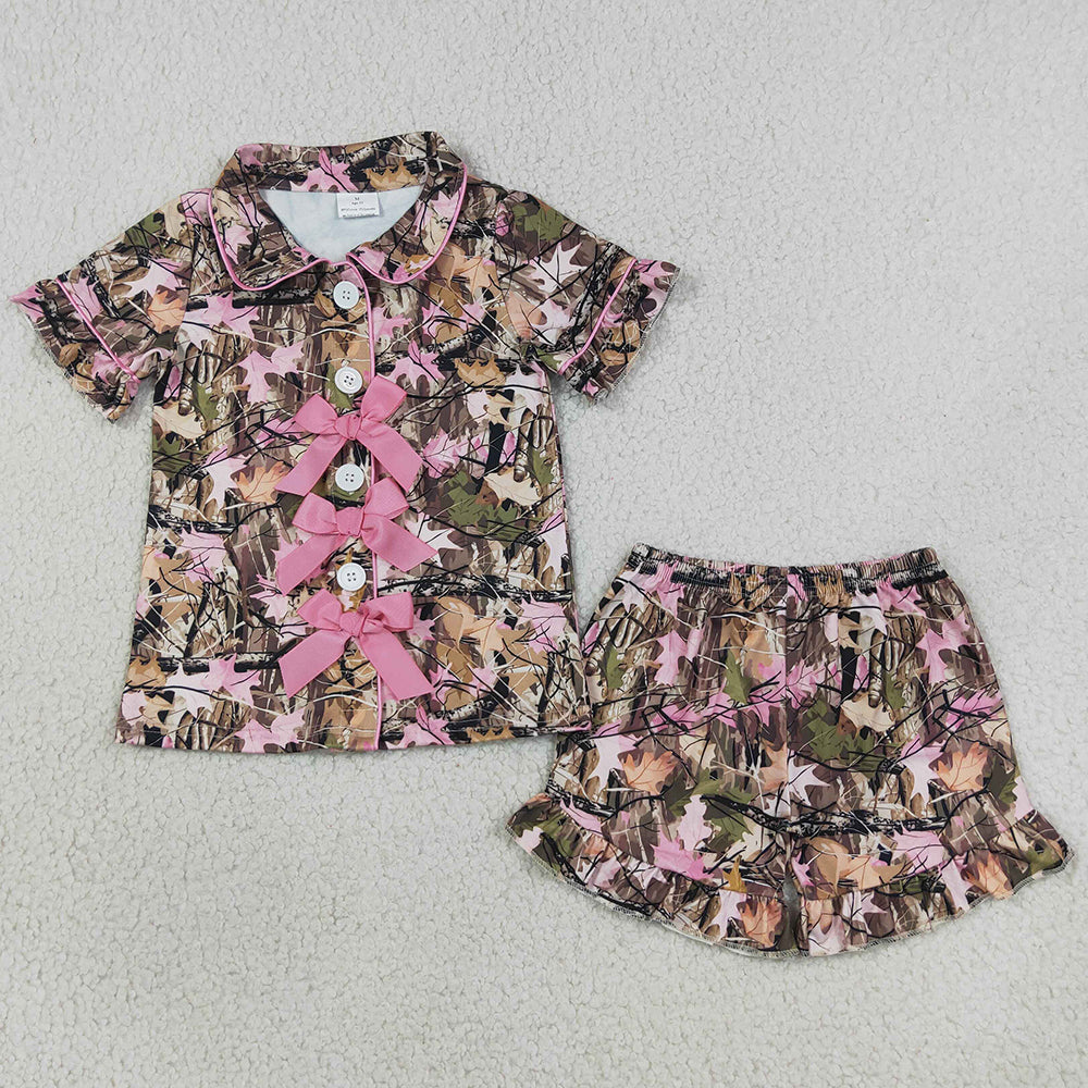 Baby Girls Pajamas Southern Leaves Camo Button Top Ruffle Shorts Hunting Pajamas Sets GSSO3364