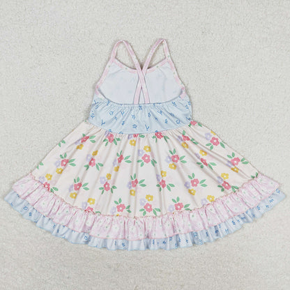 Baby Girls Dress Straps Blue Small Flowers Ruffle Knee Length Dresses GSD0882