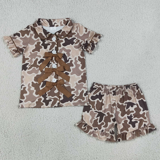 Baby Girls Clothes Southern Khaki Ducks Camo Bows Button Top Ruffle Shorts Hunting Pajamas Sets GSSO3368