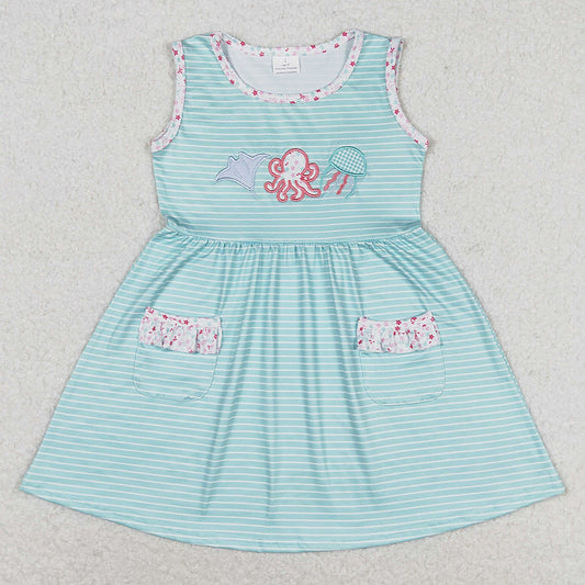 Baby Girls Dress Blue Stripes Octopus Flutter Sleeve Knee Length Dresses GSD0963