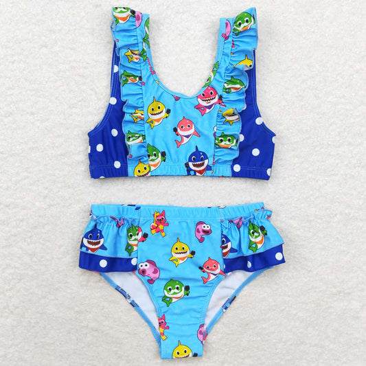 Baby Girls Swimsuits Summer Blue 2pcs Ruffle Swimsuits S0280