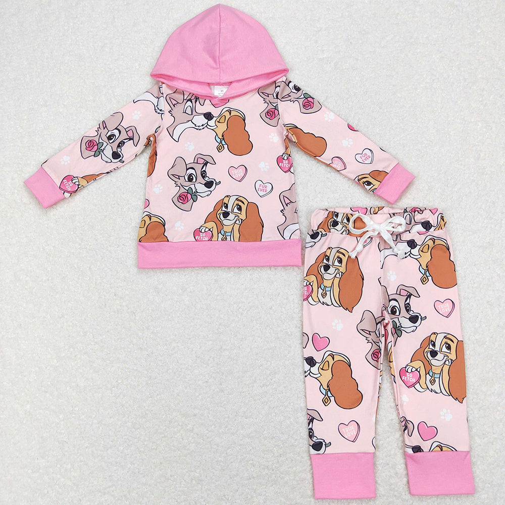 Valentine's Day Girls Clothes Pink Dogs Print Cute Hoodies Sets GLP1133