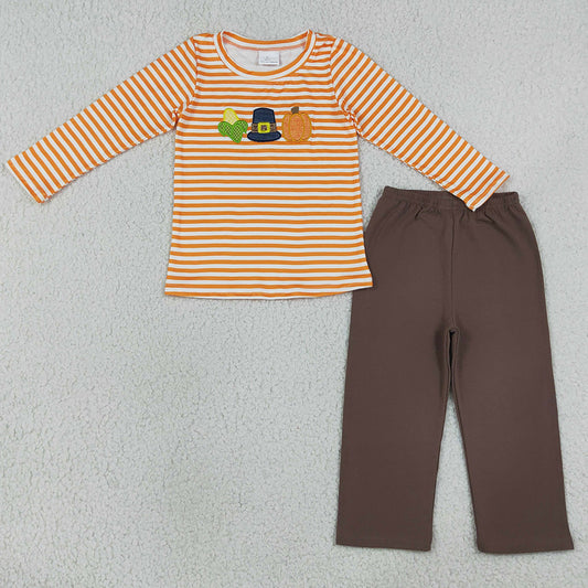 Baby Boys Clothes Embroidery Pumpkin Corns Orange Stripe Top Pant Fall Clothes Sets BLP1442