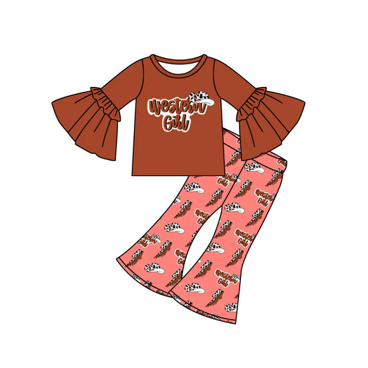 preorder(moq 5) Baby Girls Bell Sleeves Western Girl Top Flare Pants Set 7.25