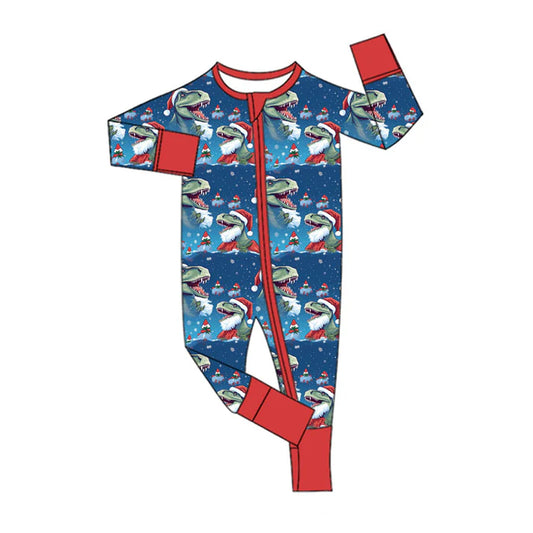 Preorder (moq 5)Baby Boys Hats Dinosaurs Trees Christmas Blue Zipper Footie Rompers 9.4