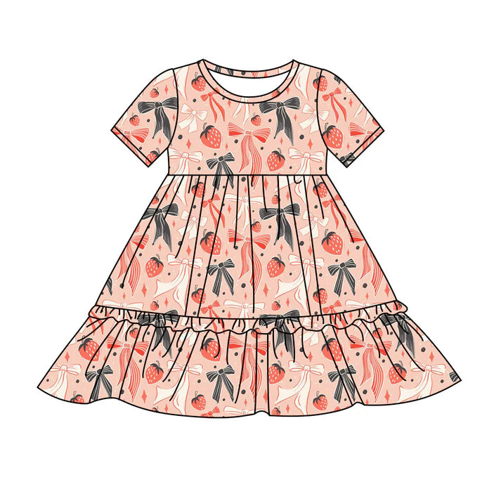 Preorder(moq 8)Baby Girls Red Black Strawberry Plaid Ruffle Knee Length Dresses 9.25