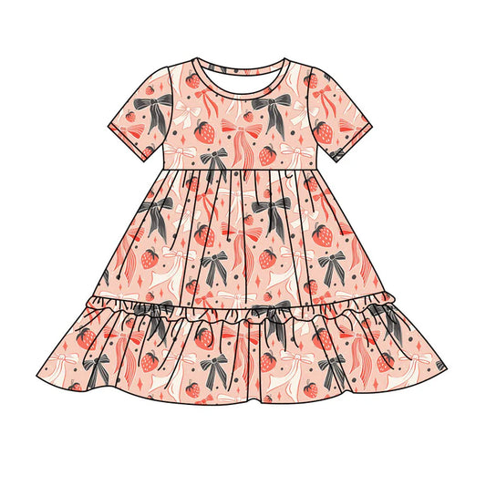 Preorder(moq 8)Baby Girls Red Black Strawberry Plaid Ruffle Knee Length Dresses 9.25