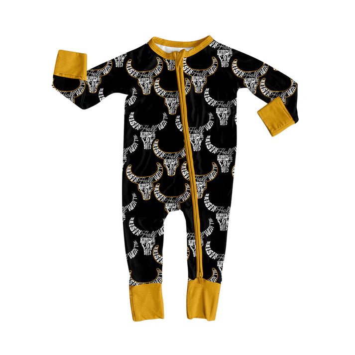 Preorder (moq 5)Baby Boys Black Bull Skulls Cowboys Western Two Way Zip Convertible Rompers 12.6