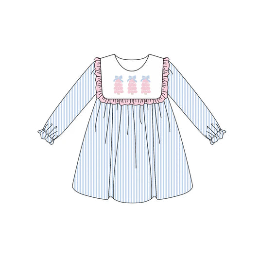 Preorder (moq 5)Baby Girls Long Ruffle Sleeves Blue Stripe Trees Knee Length Dresses 6.12