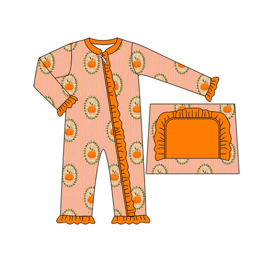 Preorder moq 5 Baby Infant Girls Long Sleeves Orange Pumpkins Plaid Ruffle Zipper Romper 7.14