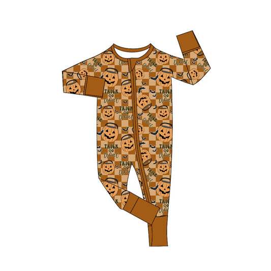 Preorder (moq 5)Baby Boys Khaki Plaid Long Sleeves Ghosts Pumpkins Zipper Pant Rompers 5.27
