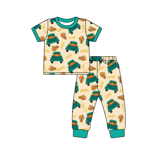 Preorder (moq 5)Baby Boys Green Short Sleeves Cake Pumpkin Trucks Top Pant Pajamas Set 6.23